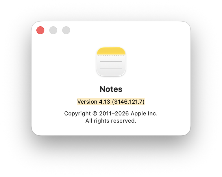 The Apple Notes “About” dialog displaying the version number