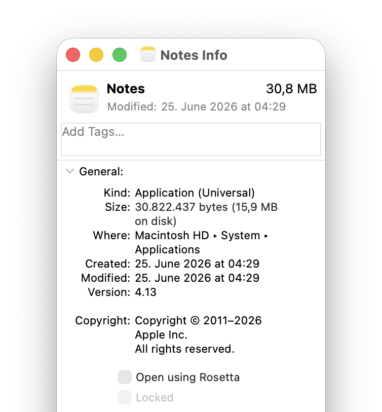 The Finder “Get Info” dialog showing the Notes version number