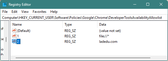 A list of domains and protols where Chrome Developer Tools are allowed in Windows Registry