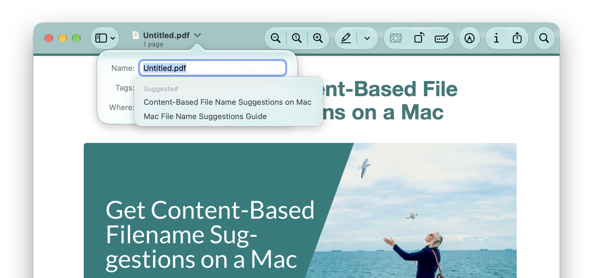 Getting content-aware file name suggestions for a PDF file in Preview on a Mac
