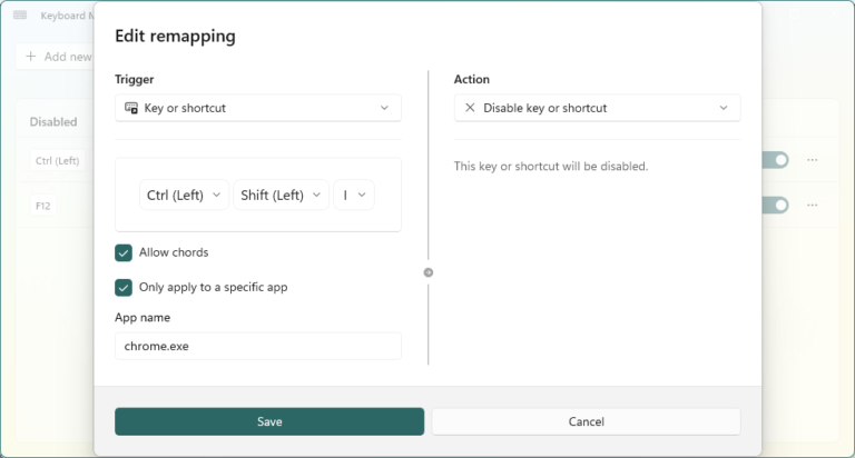 Using MS PowerToys Keyboard manager to disable “Ctrl Shift I” in Chrome to prevent accidentally opening Developer Tools